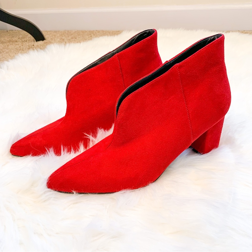 Halston NYC Red Suede Pointed Toe Block Heel Ankle Booties